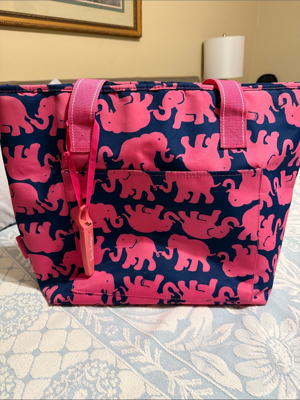 Lilly Pulitzer Navy Tote with Pink Elephant Print